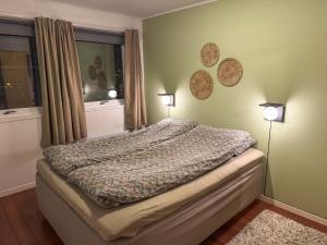 una camera da letto con un letto con due lampade e una finestra di Fredelig leilighet med utsiktsplass til nordlys a Tromsø