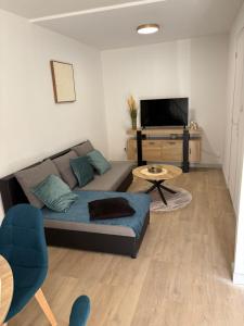 un soggiorno con un divano e una TV di Maison cosy & calme a Saint-Florentin
