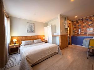 a bedroom with a large bed and a kitchen at Cabañas Anahuac II in Puerto Montt