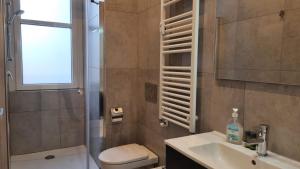 a bathroom with a toilet and a sink and a shower at Campo Marzio 6 in Trieste