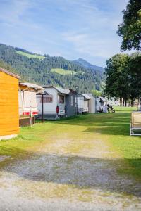 a row of mobile homes in a field with a mountain at Berg & Natur - Cozy house in Altenmarkt im Pongau +30 photos