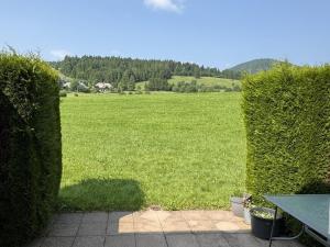 uitzicht op een groot groen veld vanaf een terras bij Ferienhaus Hochtal in Altenrond