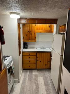 a kitchen with wooden cabinets and a white refrigerator at Capitol-Side • Downtown • Basement Pirate Themed in Cheyenne