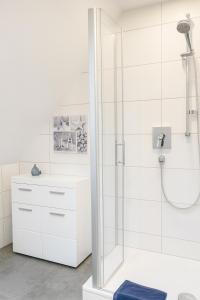 a white bathroom with a shower with a glass door at Fewo Mainau in Unteruhldingen