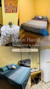 3 Bilder von zwei Betten in einem Zimmer in der Unterkunft Arianas Place 2 in Huehuetenango