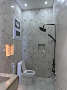 ein Badezimmer mit Toilette, Waschbecken und Dusche in der Unterkunft فلة الشروق - Sunrise Villa in Sur