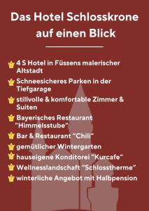 una lista de los nombres de las estrellas sobre un fondo rojo en Hotel Schlosskrone, en Füssen