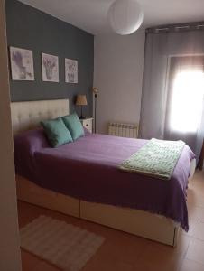 a bedroom with a bed with purple sheets and a window at La Casa De Marta in Piedralaves