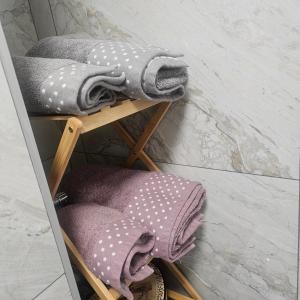 un paio di asciugamani appoggiati su un portasciugamani di Stan na dan Bijeljina centar a Bijeljina