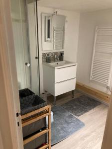 a bathroom with a white sink and a mirror at La petite maison normande in Luneray