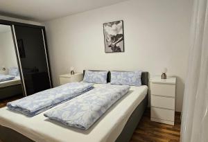 a bedroom with a large bed with blue pillows at MY HOME 23 Nr 8 in Villingen-Schwenningen
