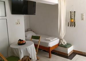 a room with a bed and a table and a television at Irini Garden House in Vathí