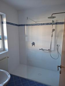 a shower stall in a bathroom with a sink at Haus Dorothea in Söll +23 photos