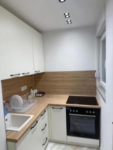 eine Küche mit weißen Schränken und einem schwarzen Backofen in der Unterkunft Stan Sarajevo in Sarajevo