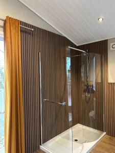 una ducha con mampara de cristal en un baño en Cupid Lodge, en Kingham