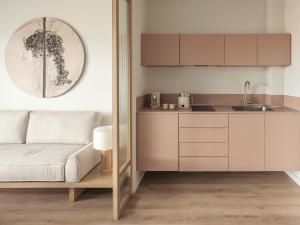 Kaoma Comfort Suites في تريكالا: غرفة معيشة مع أريكة ومطبخ