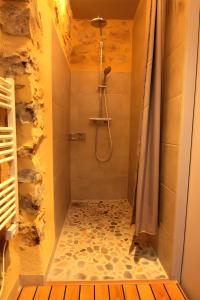 Un baño con ducha con cortina de ducha. en Gite Domaine De La Bruge, en Saint-Remèze