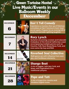 a flyer for a green toronto musical live music events in our ballroom weekly at Green Tortoise Hostel in San Francisco +35 photos