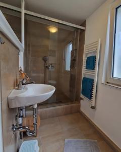 a bathroom with a sink and a shower at Ferienwohnung Gartenblick in Eslohe +10 photos