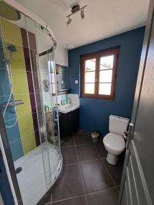 a bathroom with a shower and a toilet and a sink at Studio Cozy in Heudreville-sur-Eure