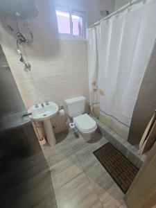 Un baño con inodoro, lavabo y ducha. en La Tata, en Veronica