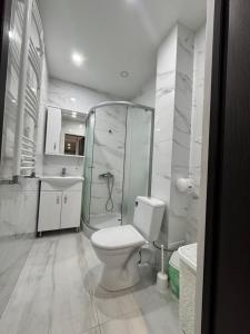 ein weißes Badezimmer mit Dusche und Toilette in der Unterkunft 1-Confortable and ideal Apartament-Квартира посуточно Edinet in Edineţ