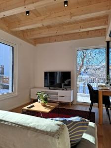 Cute House with terrace and garden في إنسبروك: غرفة معيشة مع أريكة وتلفزيون