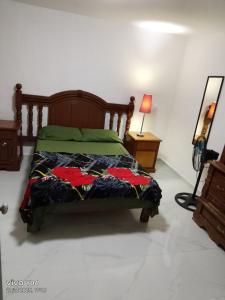 a bedroom with a bed and a lamp and a mirror at Amplía casa en Jardines Alcalde in Guadalajara