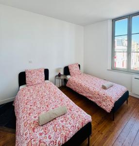 Un dormitorio con dos camas y una ventana. en Côté Aisne - vue imprenable, en Soissons