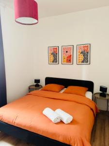 1 dormitorio con 1 cama grande de color naranja y 2 toallas en Côté Aisne - vue imprenable, en Soissons