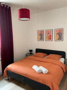 Un dormitorio con una cama con dos toallas encima. en Côté Aisne - vue imprenable, en Soissons 4 fotos más