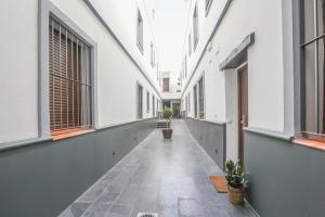 un pasillo vacío de un edificio con macetas en Plaza de Armas Apartment, en Sevilla