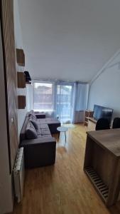 ein Wohnzimmer mit Sofa und Tisch in der Unterkunft Nina apartments in Zrenjanin