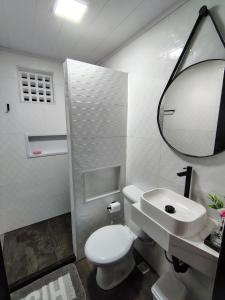 un bagno con un water, un lavandino e uno specchio di Casa Verde ad Arraial do Cabo