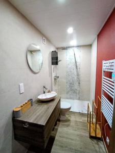 een badkamer met een wastafel, een toilet en een douche bij Les Reflets de Meuse in Revin