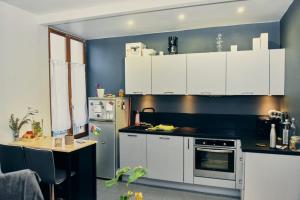 a kitchen with white cabinets and a refrigerator at Le Petit Céleste sur Seine in Choisy-le-Roi