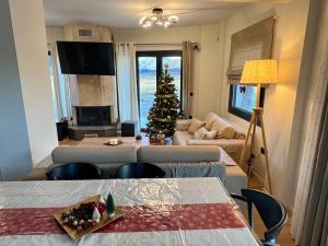 a living room with a christmas tree and a couch at Villa Harry Arachova in Kalívia