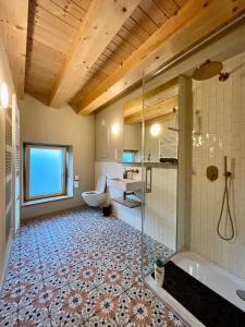 un ampio bagno con doccia e servizi igienici di Gîte Koerich a Koerich Altre 28 foto