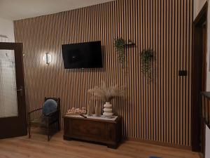 a living room with a tv on a striped wall at Nel blu dipinto di blu in Malesco