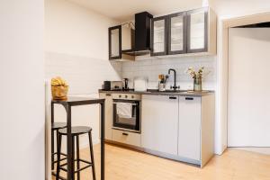 a kitchen with white appliances and a counter top at Elegantes Apartment in Bad Pyrmont +2 photos