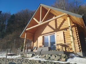 什切尔克Chatka pod lasem Szczyrk的雪地里有一间带门廊的小木屋