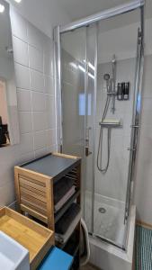 a bathroom with a shower and a shelf with towels at Le Plein Sud - Carqueiranne in Carqueiranne +9 photos