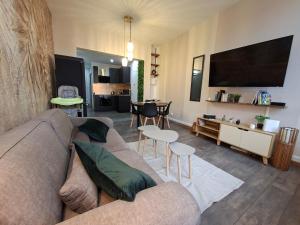 Una sala de estar con un sofá y un televisor de pantalla plana. en L'elegant hyper centre, en Dunkerque