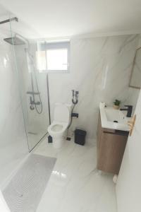 a bathroom with a toilet and a shower and a sink at Mi Casa Chios in Chios