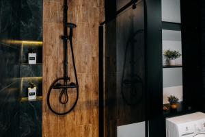a shower in a bathroom with a wooden wall at Lusia Apartment in Jarosław