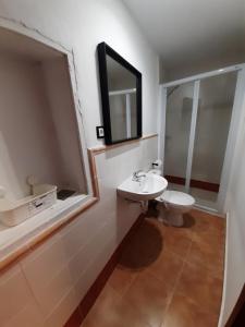 a bathroom with a sink and a toilet and a mirror at Alojamiento Peña Dorada in Lumpiaque +17 photos
