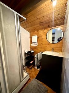 a small bathroom with a sink and a mirror at Les Ribas in Le Cannet-des-Maures