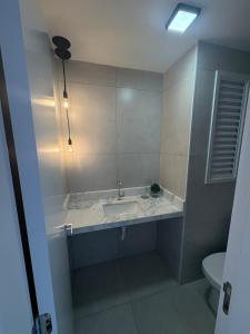 a bathroom with a sink and a toilet at Red Building Apartment in Bauru +8 photos