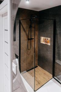 eine Dusche mit Glastür in einem Zimmer in der Unterkunft Lucia in Jarosław