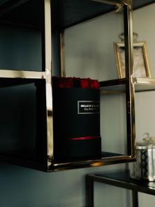 eine schwarze Schachtel auf einem Regal mit roten Rosen in der Unterkunft Sunset Penthouse Antwerp in Antwerpen + 14 Fotos